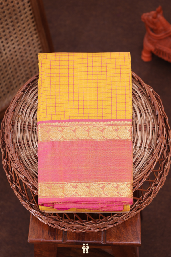 Kanchipuram Silk Saree In Saffron Yellow With Checks Design