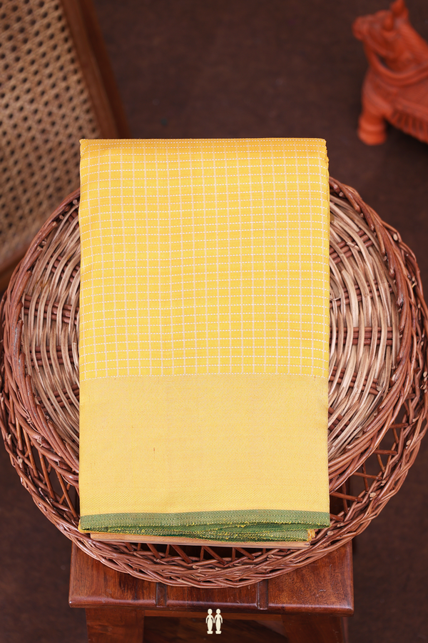 Kanchipuram Silk Saree In Saffron Yellow With Checks Design