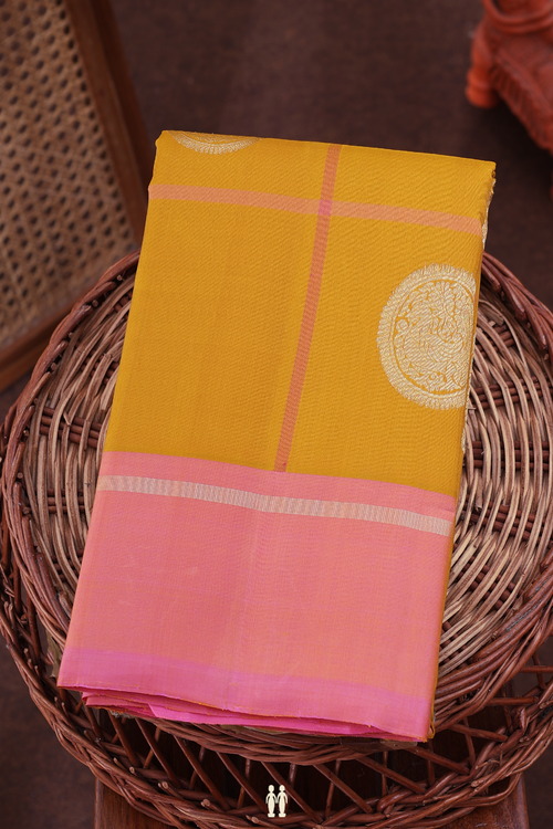 Kanchipuram Silk Saree In Saffron Yellow With Checks Design