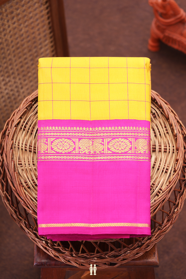 Kanchipuram Silk Saree In Saffron Yellow With Checks Design