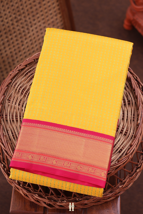Kanchipuram Silk Saree In Saffron Yellow With Checks Design