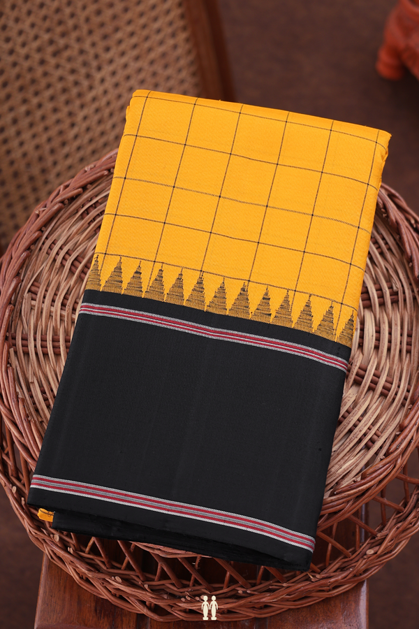 Kanchipuram Silk Saree In Saffron Yellow With Checks Design