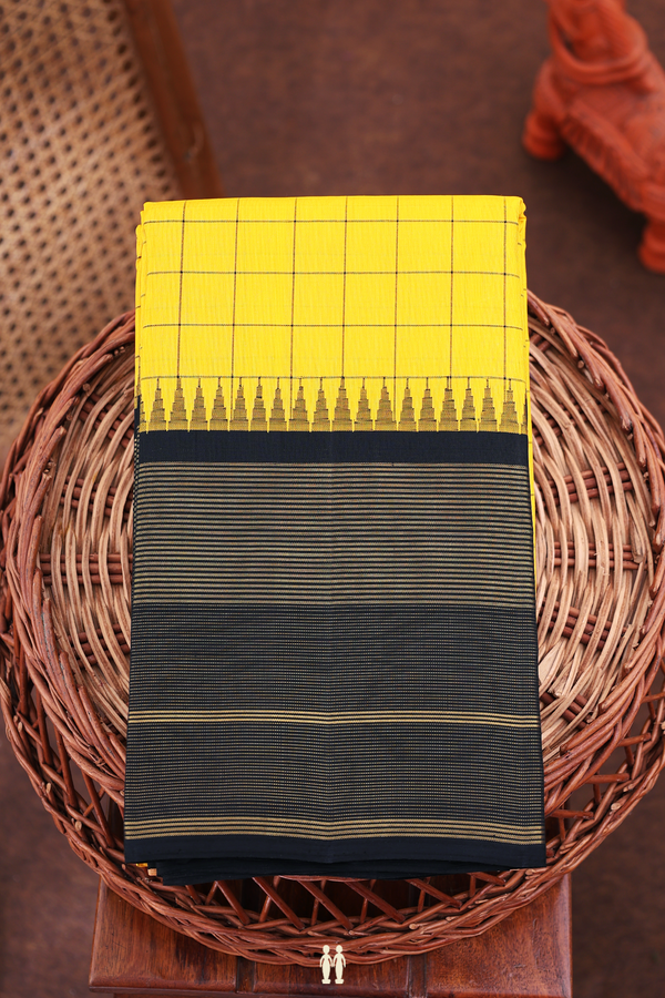 Kanchipuram Silk Saree In Saffron Yellow With Checks Design