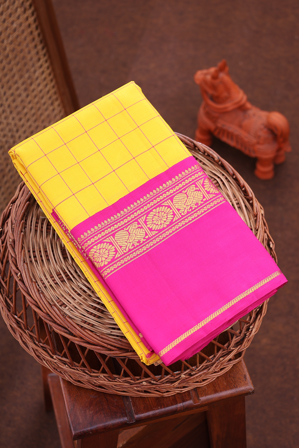 Kanchipuram Silk Saree In Saffron Yellow With Checks Design
