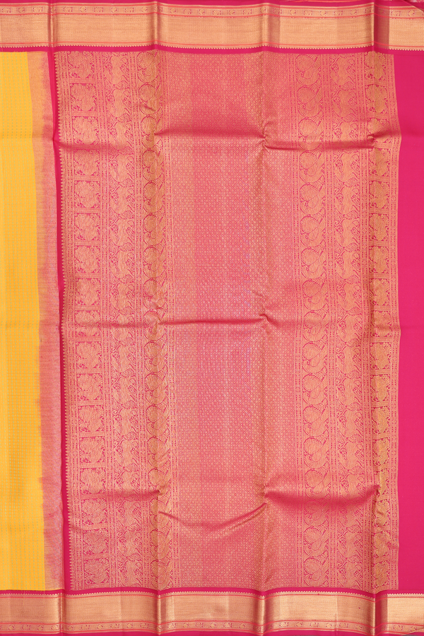 Kanchipuram Silk Saree In Saffron Yellow With Checks Design