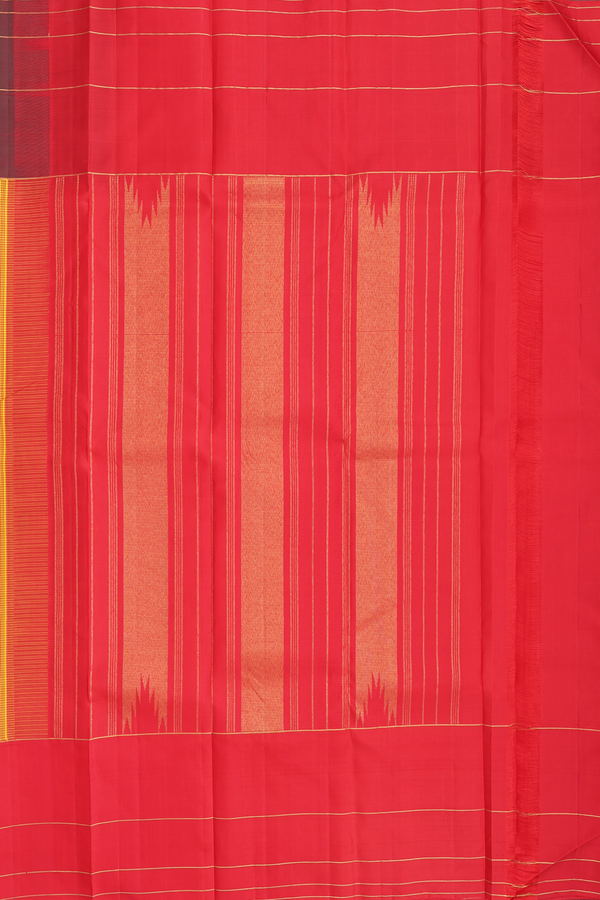 Kanchipuram Silk Saree In Saffron Yellow With Checks Design