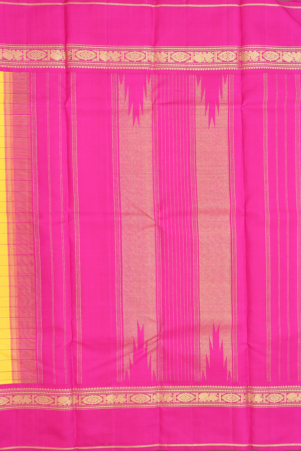Kanchipuram Silk Saree In Saffron Yellow With Checks Design
