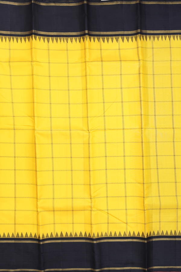 Kanchipuram Silk Saree In Saffron Yellow With Checks Design