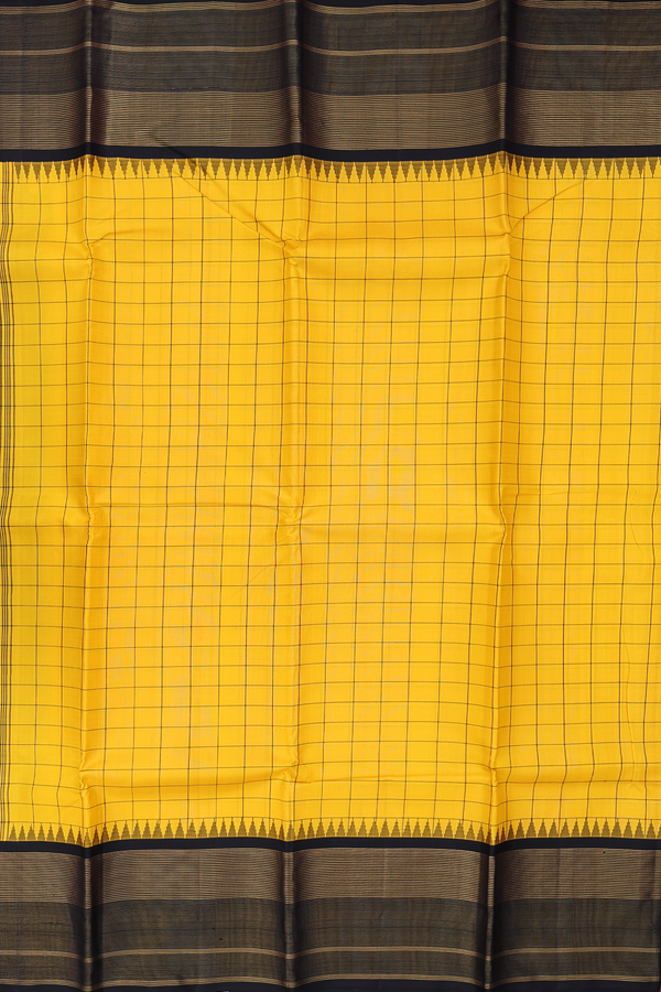Kanchipuram Silk Saree In Saffron Yellow With Checks Design