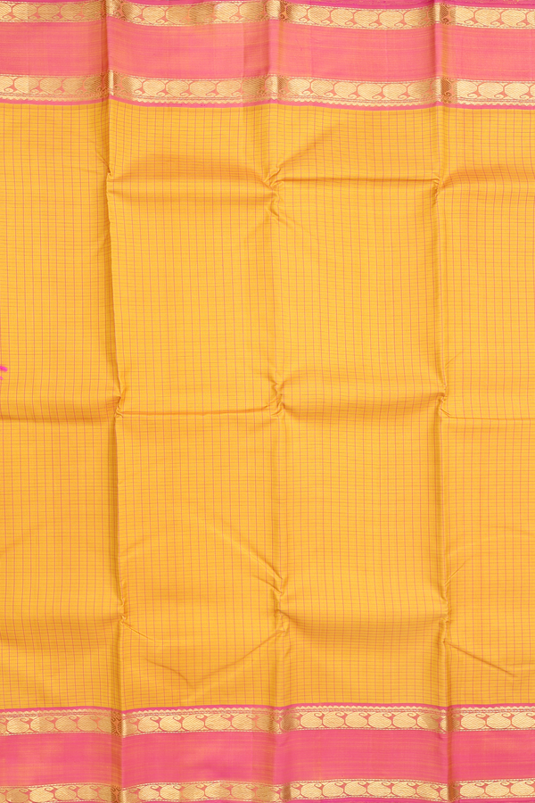 Kanchipuram Silk Saree In Saffron Yellow With Checks Design