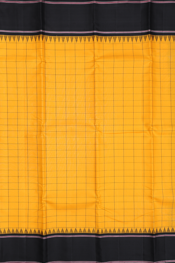 Kanchipuram Silk Saree In Saffron Yellow With Checks Design