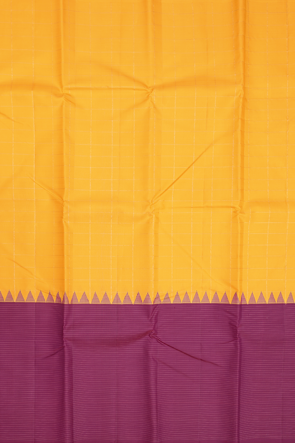 Kanchipuram Silk Saree In Saffron Yellow With Checks Design
