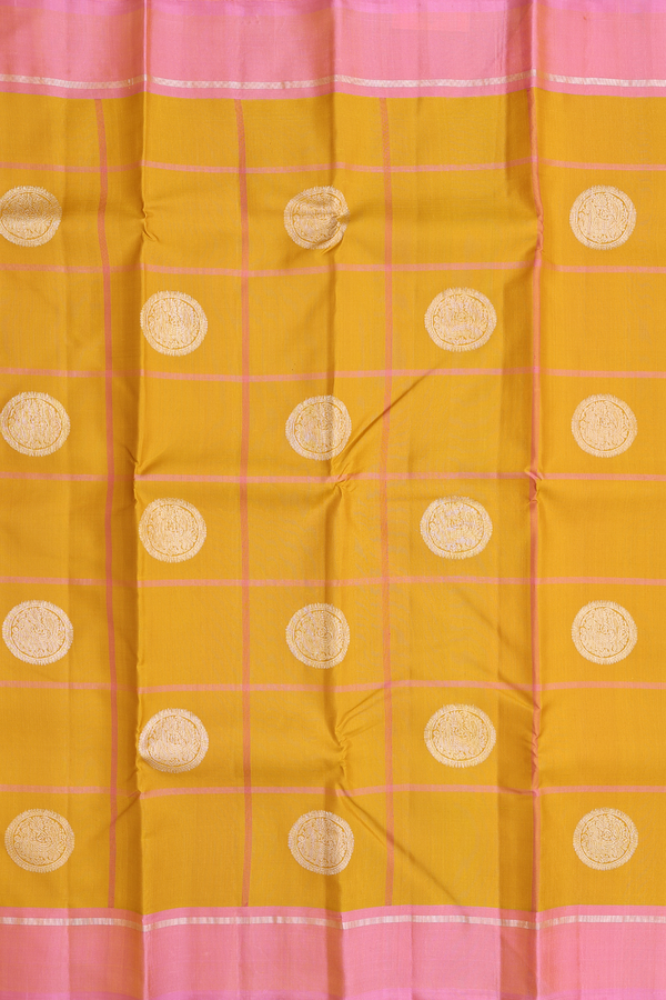 Kanchipuram Silk Saree In Saffron Yellow With Checks Design