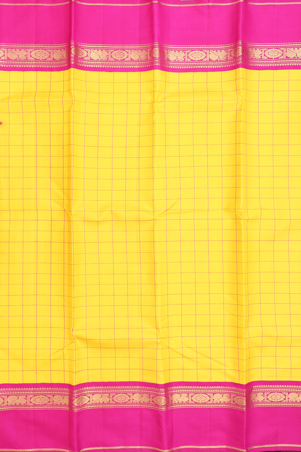 Kanchipuram Silk Saree In Saffron Yellow With Checks Design