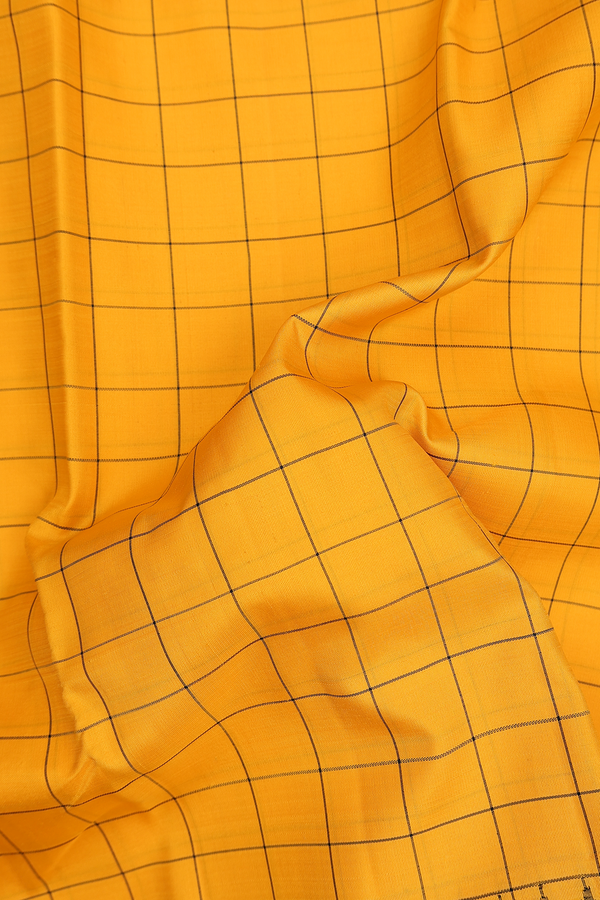 Kanchipuram Silk Saree In Saffron Yellow With Checks Design