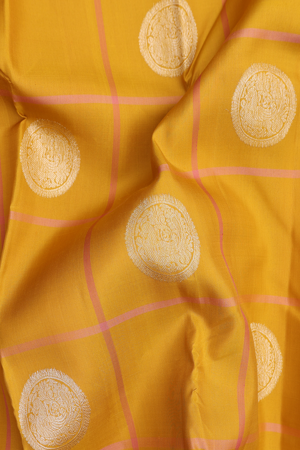 Kanchipuram Silk Saree In Saffron Yellow With Checks Design