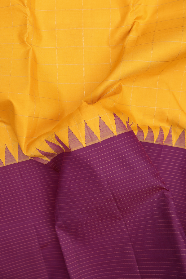 Kanchipuram Silk Saree In Saffron Yellow With Checks Design
