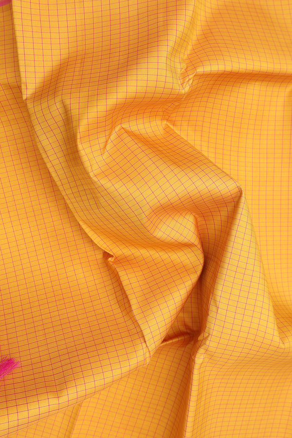 Kanchipuram Silk Saree In Saffron Yellow With Checks Design