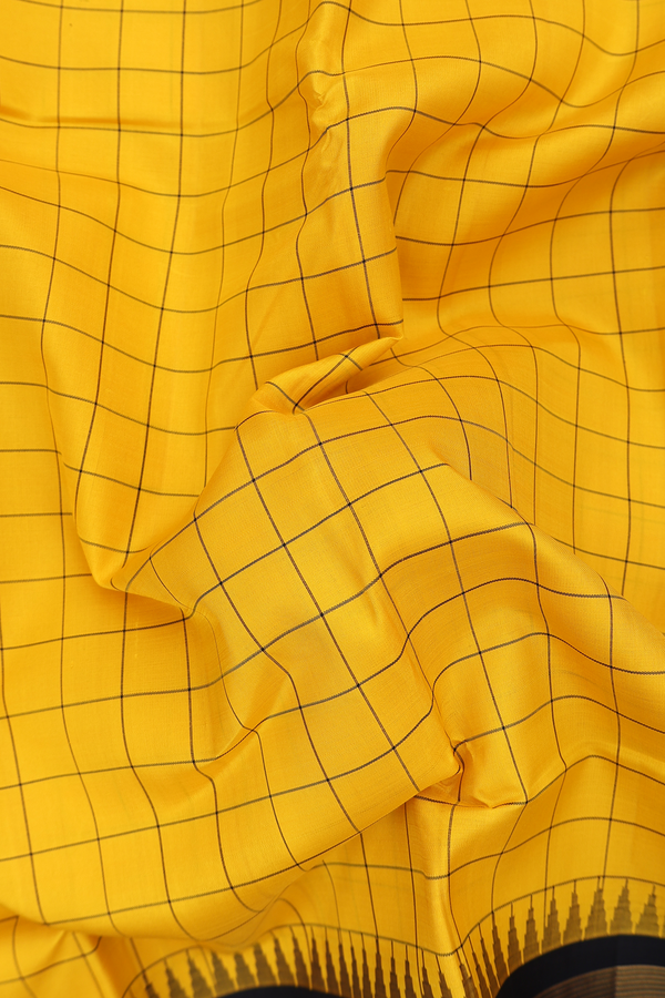 Kanchipuram Silk Saree In Saffron Yellow With Checks Design