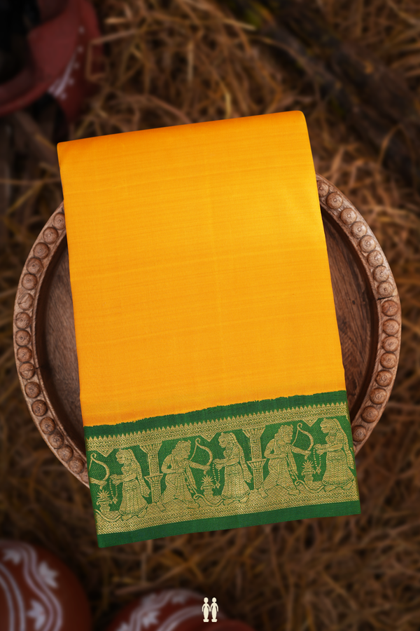 Kanchipuram Silk Saree In Saffron Yellow With Contrast Border