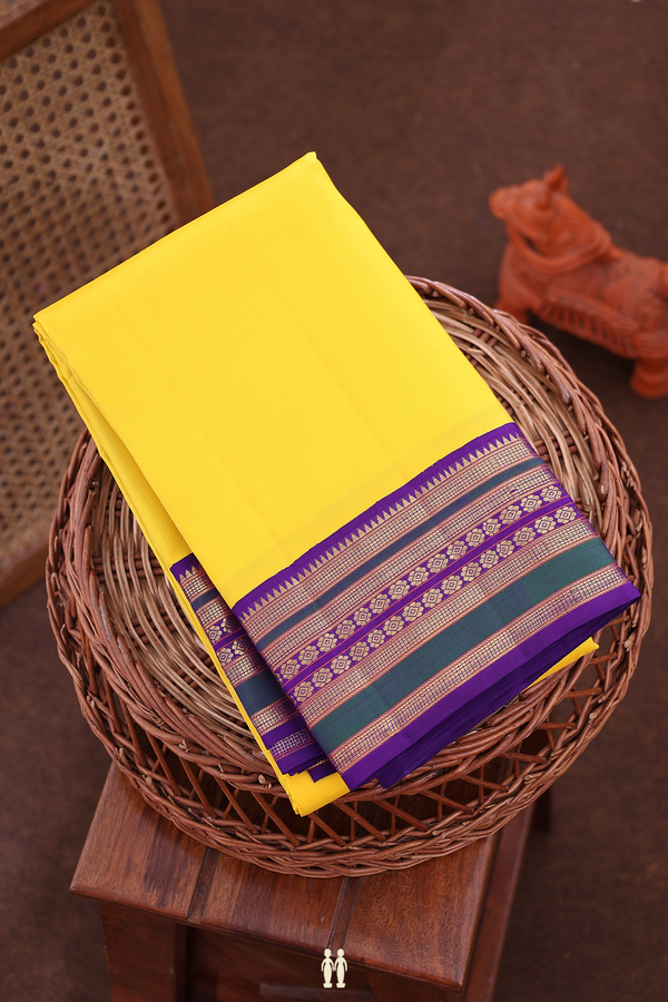 Kanchipuram Silk Saree In Saffron Yellow With Contrast Border