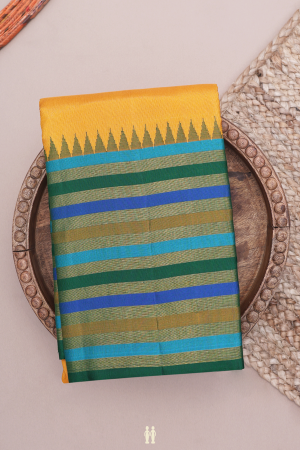 Kanchipuram Silk Saree In Saffron Yellow With Contrast Border