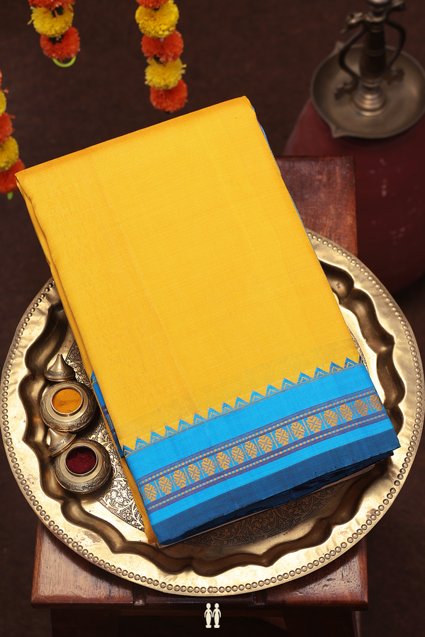Kanchipuram Silk Saree In Saffron Yellow With Contrast Border
