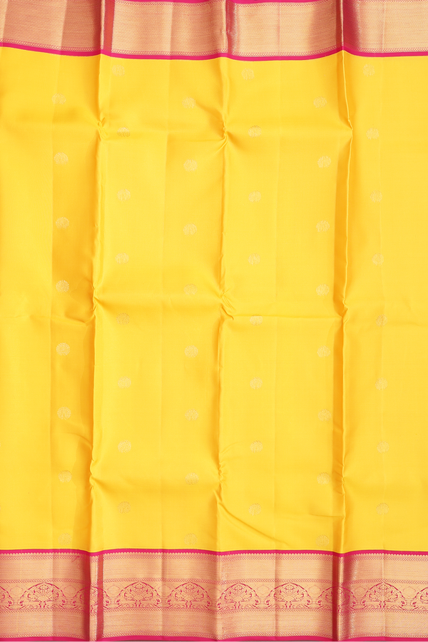 Kanchipuram Silk Saree In Saffron Yellow With Floral Buttas