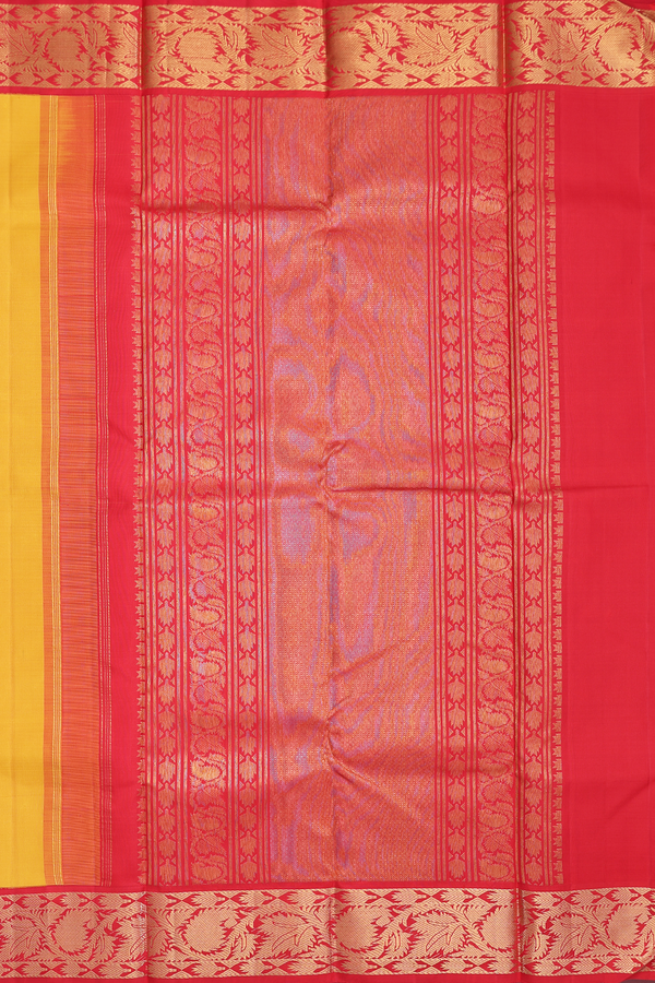 Kanchipuram Silk Saree In Saffron Yellow With Korvai Border