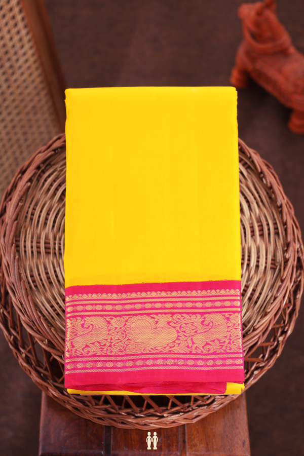Kanchipuram Silk Saree In Saffron Yellow With Korvai Border