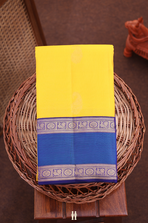 Kanchipuram Silk Saree In Saffron Yellow With Paisley Buttas