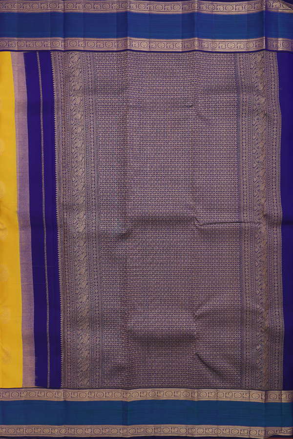 Kanchipuram Silk Saree In Saffron Yellow With Paisley Buttas
