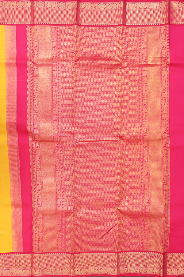 Kanchipuram Silk Saree In Saffron Yellow With Paisley Buttas