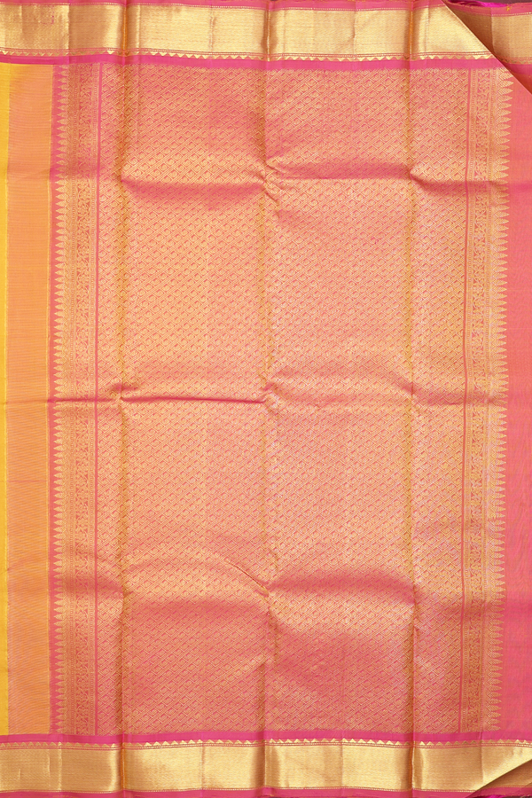 Kanchipuram Silk Saree In Saffron Yellow With Paisley Buttas