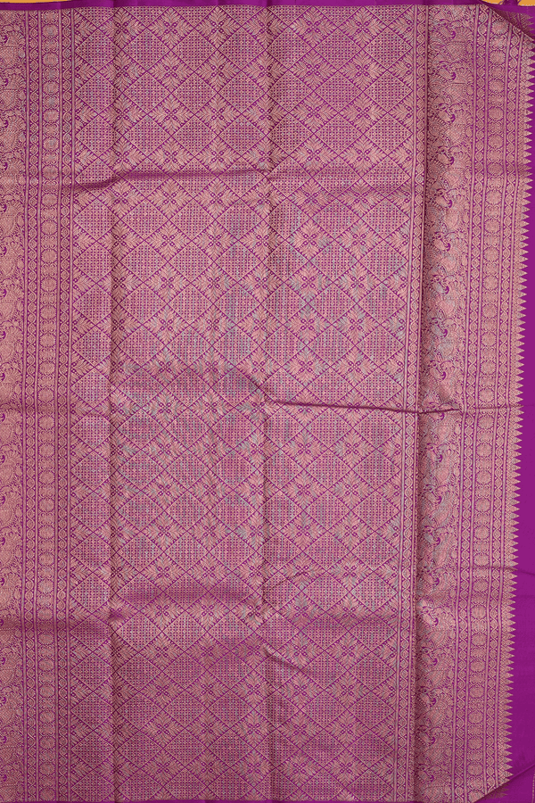 Kanchipuram Silk Saree In Saffron Yellow With Paisley Motifs