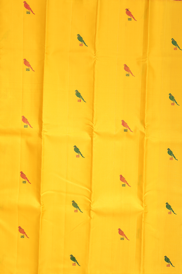 Kanchipuram Silk Saree In Saffron Yellow With Parrot Buttas