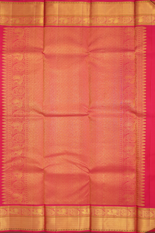 Kanchipuram Silk Saree In Saffron Yellow With Peacock Buttas