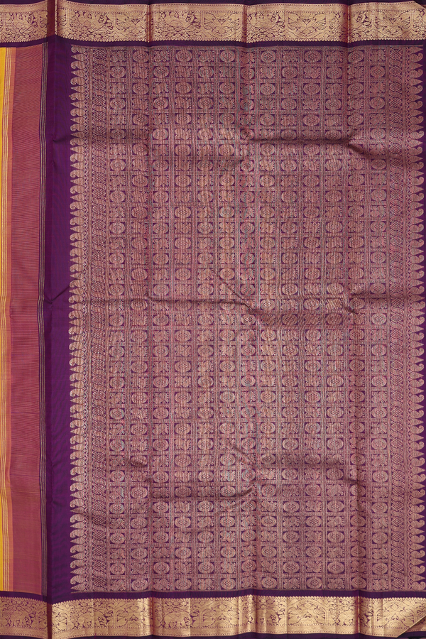 Kanchipuram Silk Saree In Saffron Yellow With Peacock Buttas