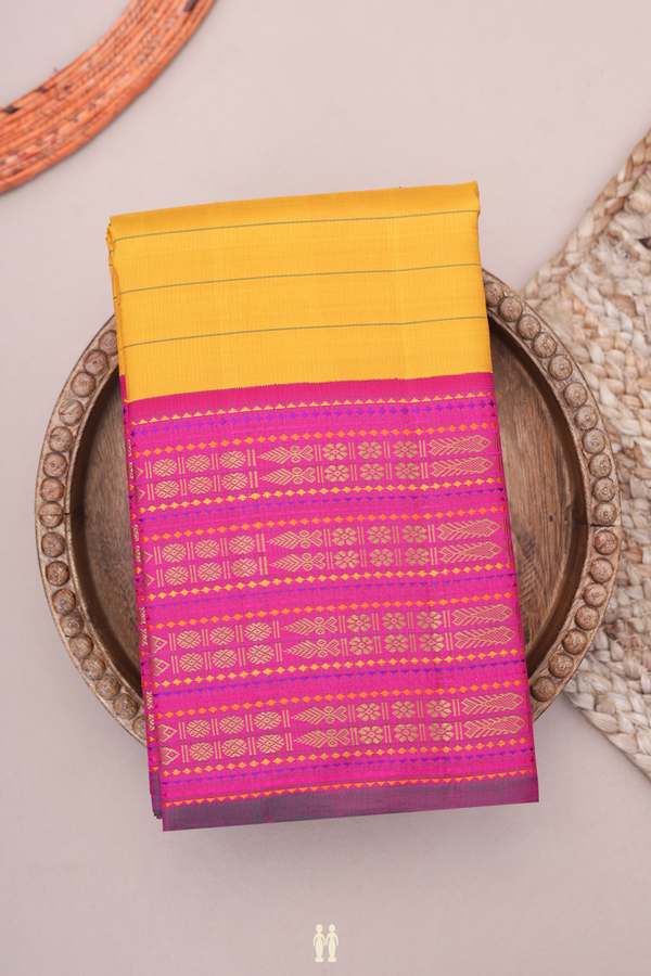 Kanchipuram Silk Saree In Saffron Yellow With Stripes Design