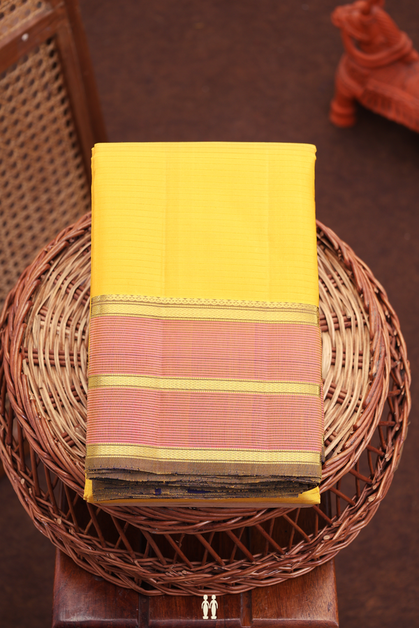Kanchipuram Silk Saree In Saffron Yellow With Stripes Design