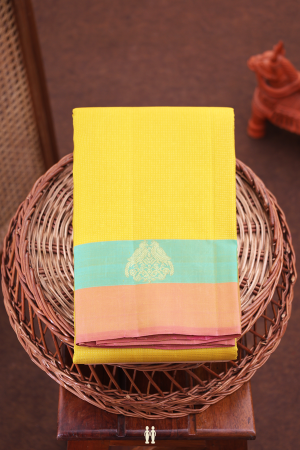 Kanchipuram Silk Saree In Saffron Yellow With Stripes Design