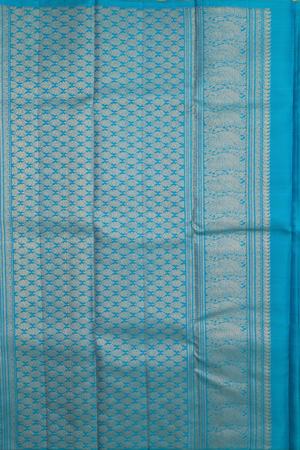 Kanchipuram Silk Saree In Saffron Yellow With Stripes Design