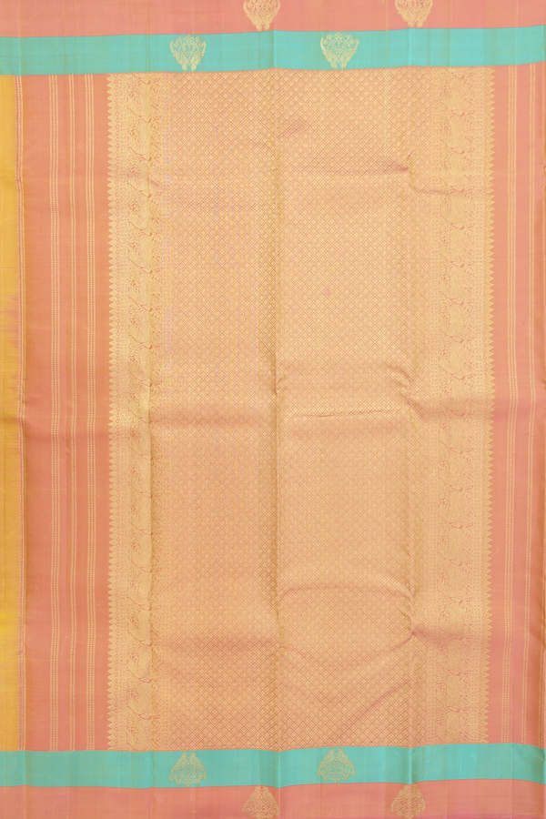 Kanchipuram Silk Saree In Saffron Yellow With Stripes Design