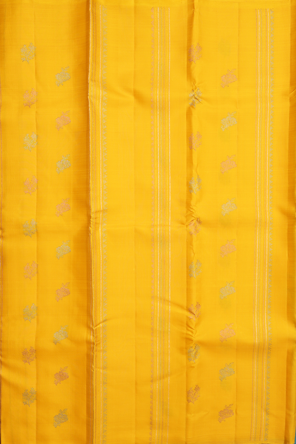 Kanchipuram Silk Saree In Saffron Yellow With Stripes Design