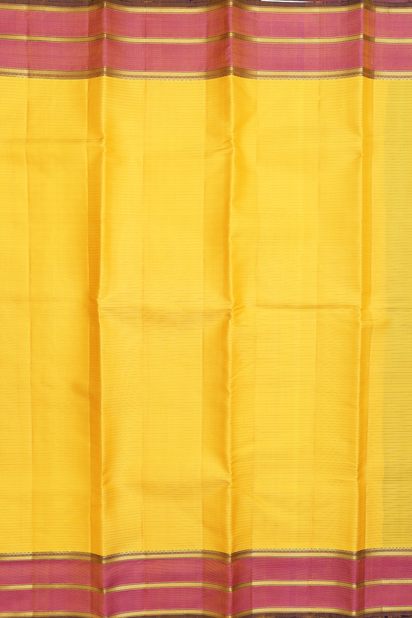 Kanchipuram Silk Saree In Saffron Yellow With Stripes Design