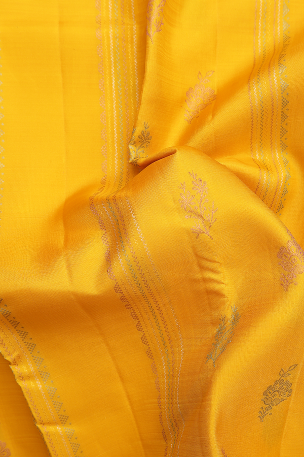 Kanchipuram Silk Saree In Saffron Yellow With Stripes Design