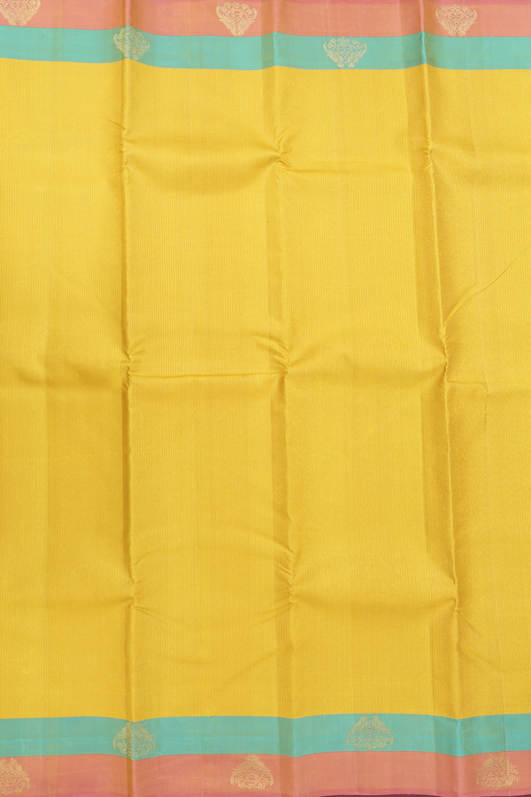 Kanchipuram Silk Saree In Saffron Yellow With Stripes Design