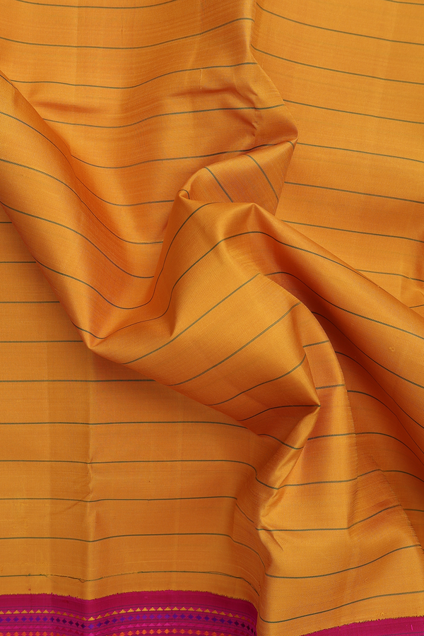 Kanchipuram Silk Saree In Saffron Yellow With Stripes Design