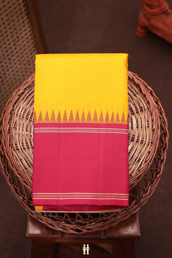 Kanchipuram Silk Saree In Saffron Yellow With Contrast Border