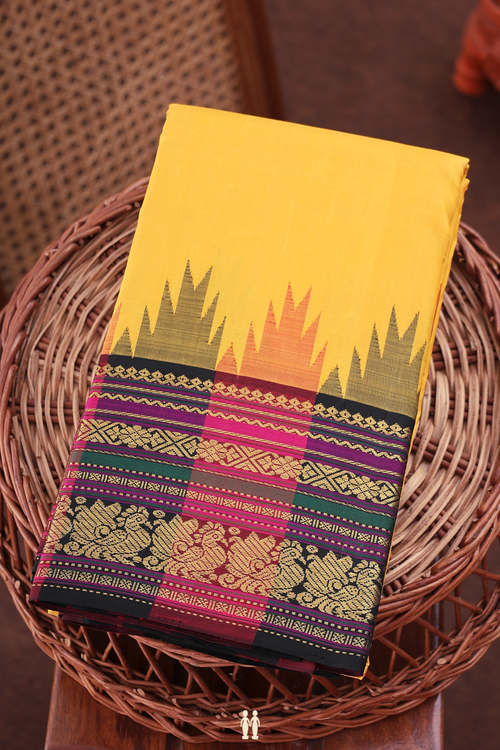 Kanchipuram Silk Saree In Saffron Yellow With Temple Border